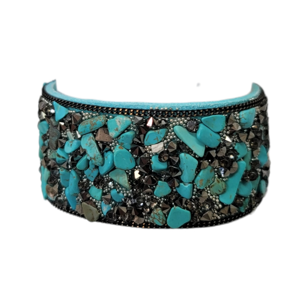Blue Suede Leather Turquoise Pyrite Silvertone micro-bead Bracelet